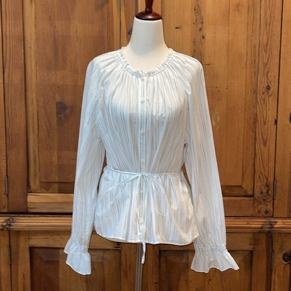 J. Crew Peasant Tulip Cuff Tie Waist Button down Blouse Sz. L - Picture 5 of 16
